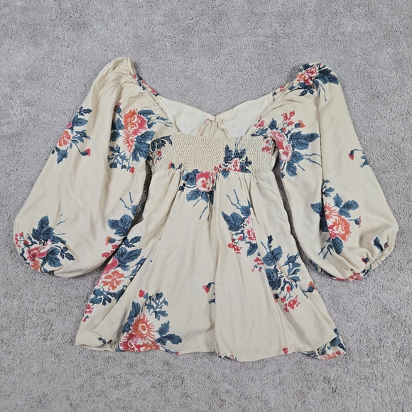 Free People Francesca Mini Dress Babydoll V Neck Puff Sleeves Cream Floral Boho - Picture 10 of 11